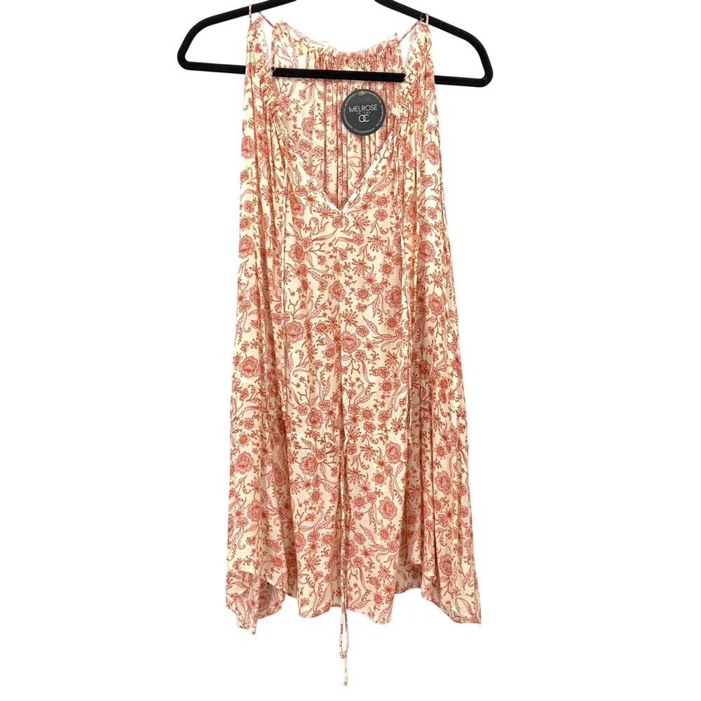 Olivaceous Floral Print Halter V-Neck Blouse Women's M Draped Tank Red Cream